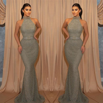 Vestido de fiesta de noche largo estilo sirena con cuello halter y sin mangas