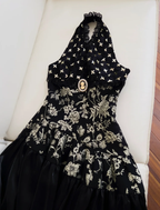 Elegante vestido de noche negro con cuello halter, estampado floral y lentejuelas, vestido de fiesta largo en línea A Y8568