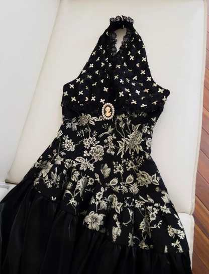 Elegante vestido de noche negro con cuello halter, estampado floral y lentejuelas, vestido de fiesta largo en línea A Y8568