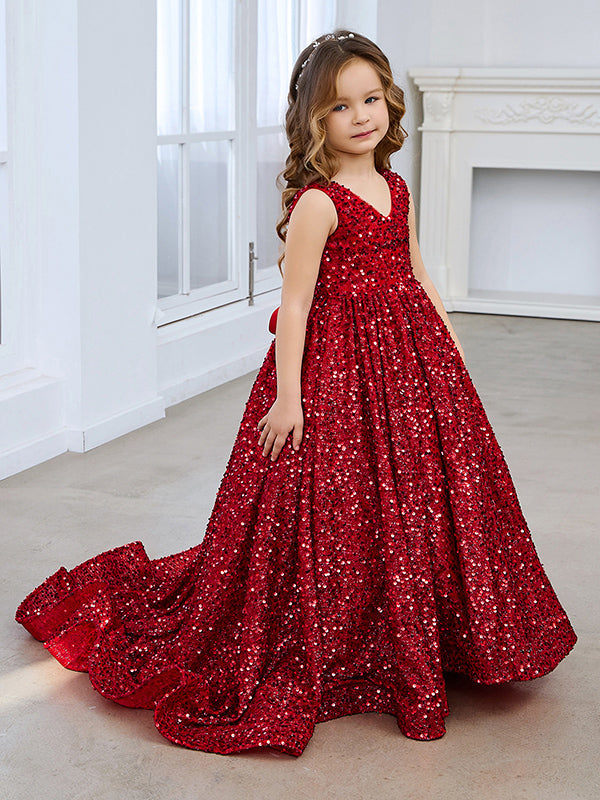Deslumbrante vestido de princesa con lentejuelas rojas, escote en V y cola de corte para niñas