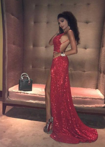 Spaghetti Straps Side Split V-Neck Red Sequins Backless Prom Dress