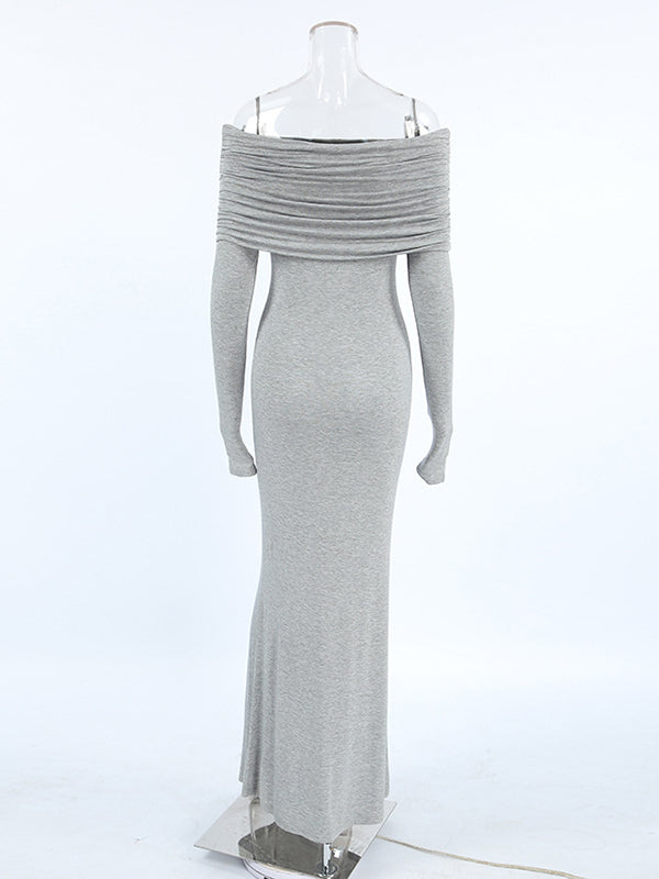 Long Sleeves Skinny Pleated Solid Color Split-Joint Off-The-Shoulder Evening Dresses Maxi Dresses