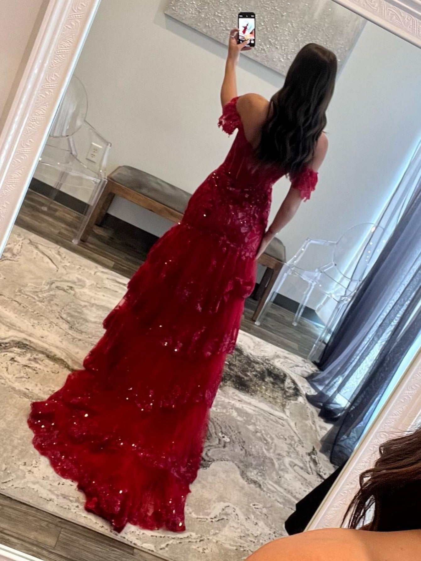 Kennedy | Vestido de fiesta largo de encaje con hombros descubiertos (espalda con cordones)