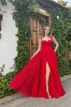 Off The Shoulder A-line Sleeveless Applique Prom Dress with Front Split
