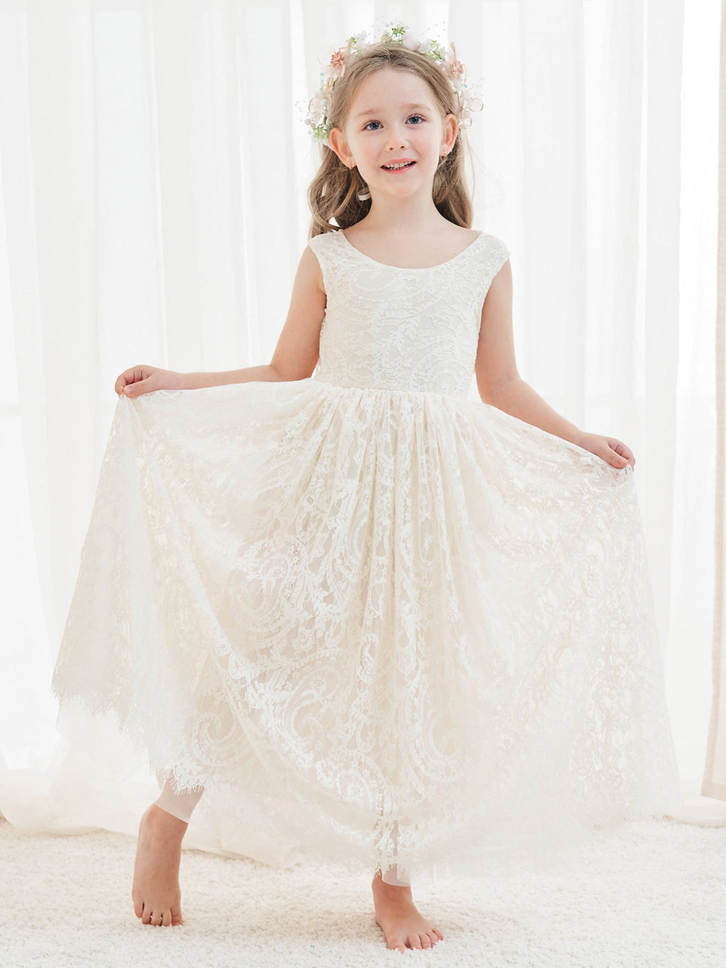 A-Linien-Spitze Knöchellanges Elfenbein Boho Blumenmädchenkleid 
