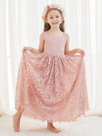 A-Linien-Spitze Knöchellanges Elfenbein Boho Blumenmädchenkleid 