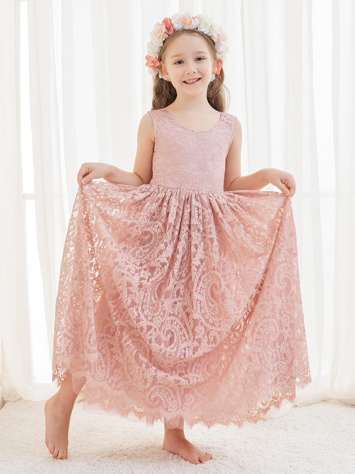 A-Linien-Spitze Knöchellanges Elfenbein Boho Blumenmädchenkleid 