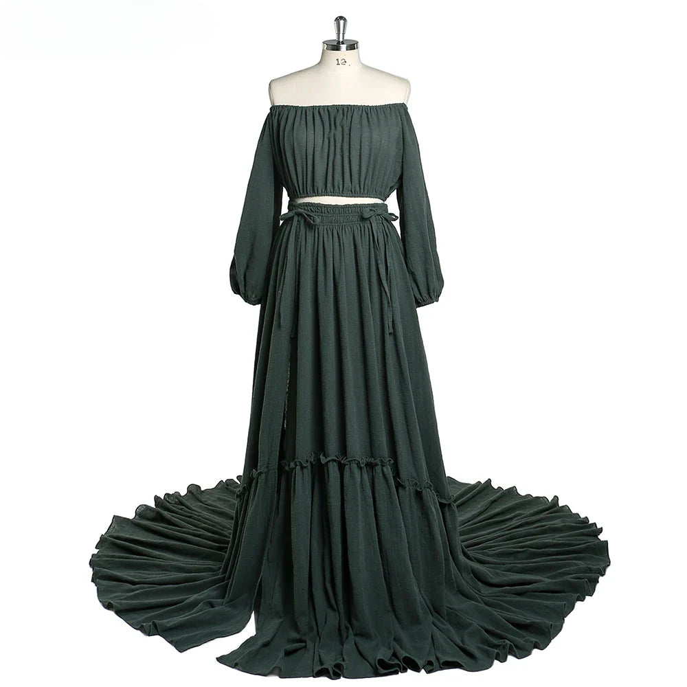 Vestido de maternidad de dos piezas con hombros descubiertos para playa, vestido de fotografía de manga larga, vestido para baby shower SY211203 