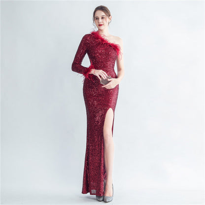 Craft Ostrich Feather Diagonal Shoulder Roman Collar Evening Dress
