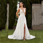 Wedding Dresses Vintage A Line Boho Lace V Neck Split Sleeveless Bridal Gown Vestidos De Novia Backless Appliques Women-payinti