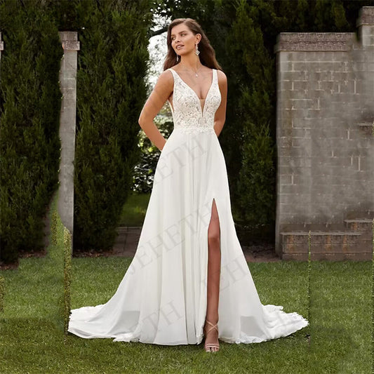 Wedding Dresses Vintage A Line Boho Lace V Neck Split Sleeveless Bridal Gown Vestidos De Novia Backless Appliques Women-payinti