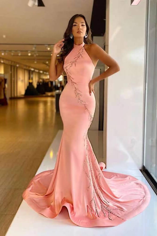 Deslumbrante vestido de fiesta de sirena rosa con exquisito aplique de cuello alto