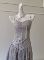 Vestido de fiesta elegante de tul morado con lentejuelas y borlas, corte en A, Y8586