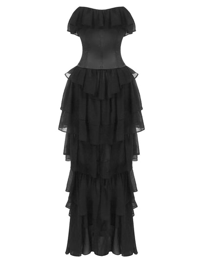 Vintage Black Strapless Ruffle Gown – Sheer Waist-Cinching Evening Dress for Gala & Runway