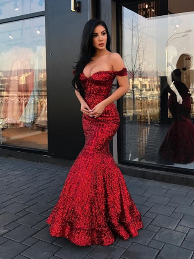 Vestido formal de fiesta con lentejuelas y hombros descubiertos, estilo sirena, color burdeos