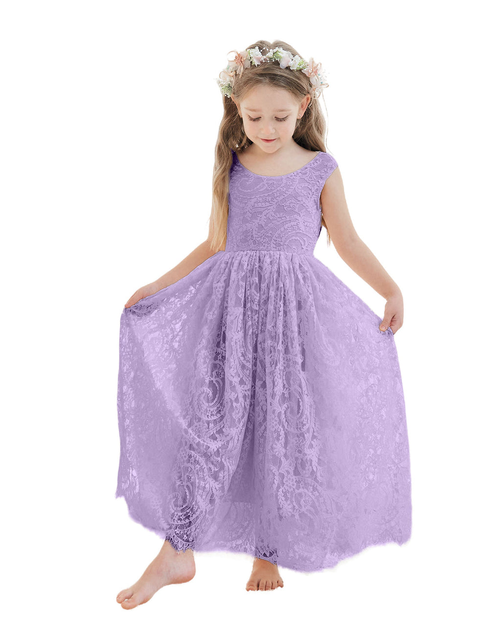 A-Linien-Spitze Knöchellanges Elfenbein Boho Blumenmädchenkleid 