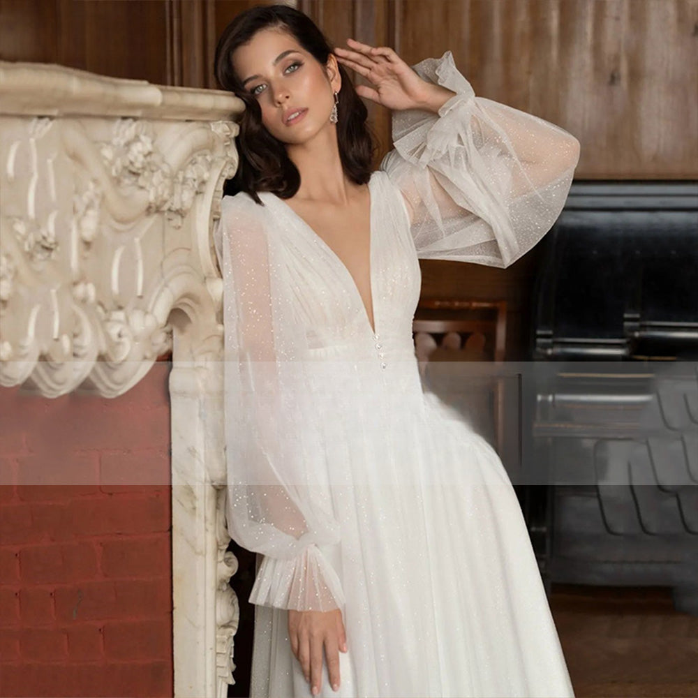 Elegant Glitter Tulle Deep V-Neck Wedding Dresses Princess Shiny Lantern Sleeves Backless A-Line Pleated Bridal Gowns-payinti