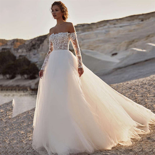 Elegant A-Line Wedding Dress 2023 Women Lace Open Back Strapless Long Detachable Sleeve Bridal Gown Sweep Train Vestido De Noiva-payinti