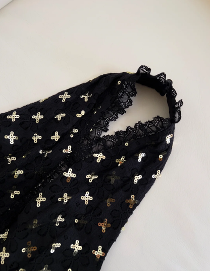 Elegante vestido de noche negro con cuello halter, estampado floral y lentejuelas, vestido de fiesta largo en línea A Y8568