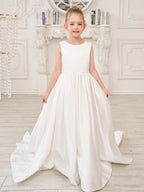 A-Linie Prinzessin Ärmelloses Satin Blumenmädchenkleid mit Schleppe und Schleife 