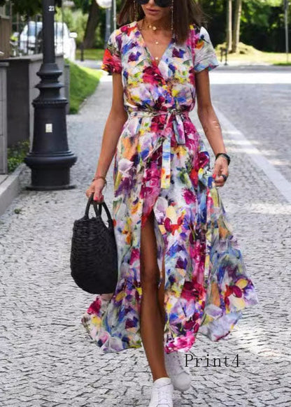 New V Neck Print Side Open Tie Waist Cotton Dress Summer