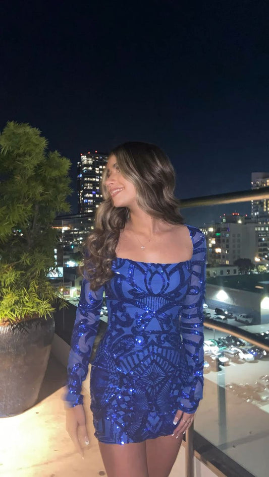 Blaues, figurbetontes Kleid mit quadratischem Ausschnitt, sexy Homecoming-Kleid Y676