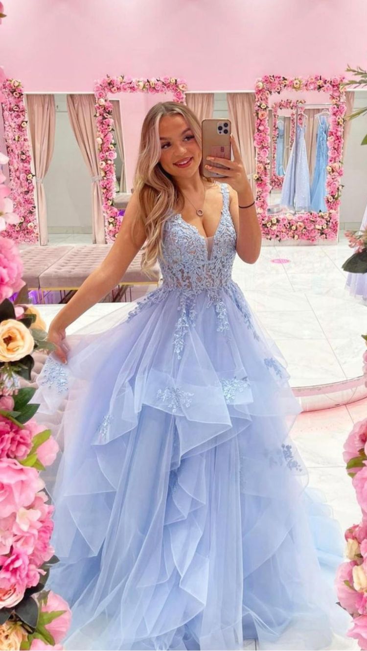 Vestido de fiesta largo de tul con escote en V azul y encaje, vestido de noche azul Y686