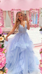 Vestido de fiesta largo de tul con escote en V azul y encaje, vestido de noche azul Y686