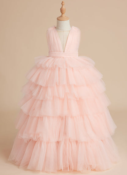 Duchesse-Linie/Princess-Linie Perlenrosa Ärmelloses Tüll-Blumenmädchenkleid mit Schleife 