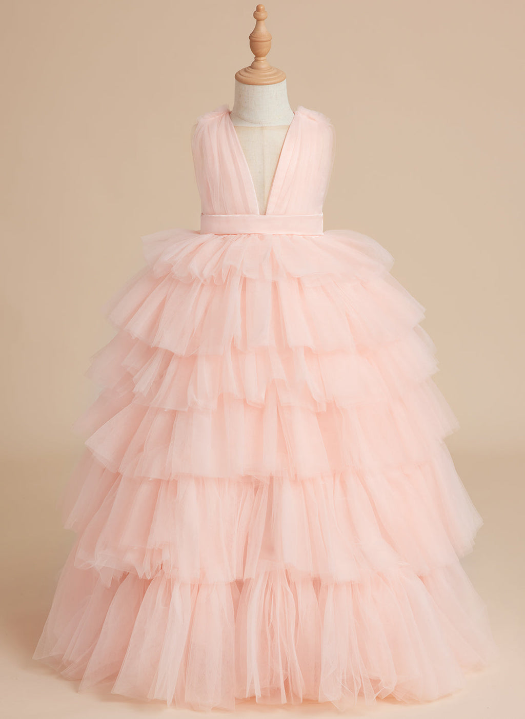 Duchesse-Linie/Princess-Linie Perlenrosa Ärmelloses Tüll-Blumenmädchenkleid mit Schleife (010220814) 