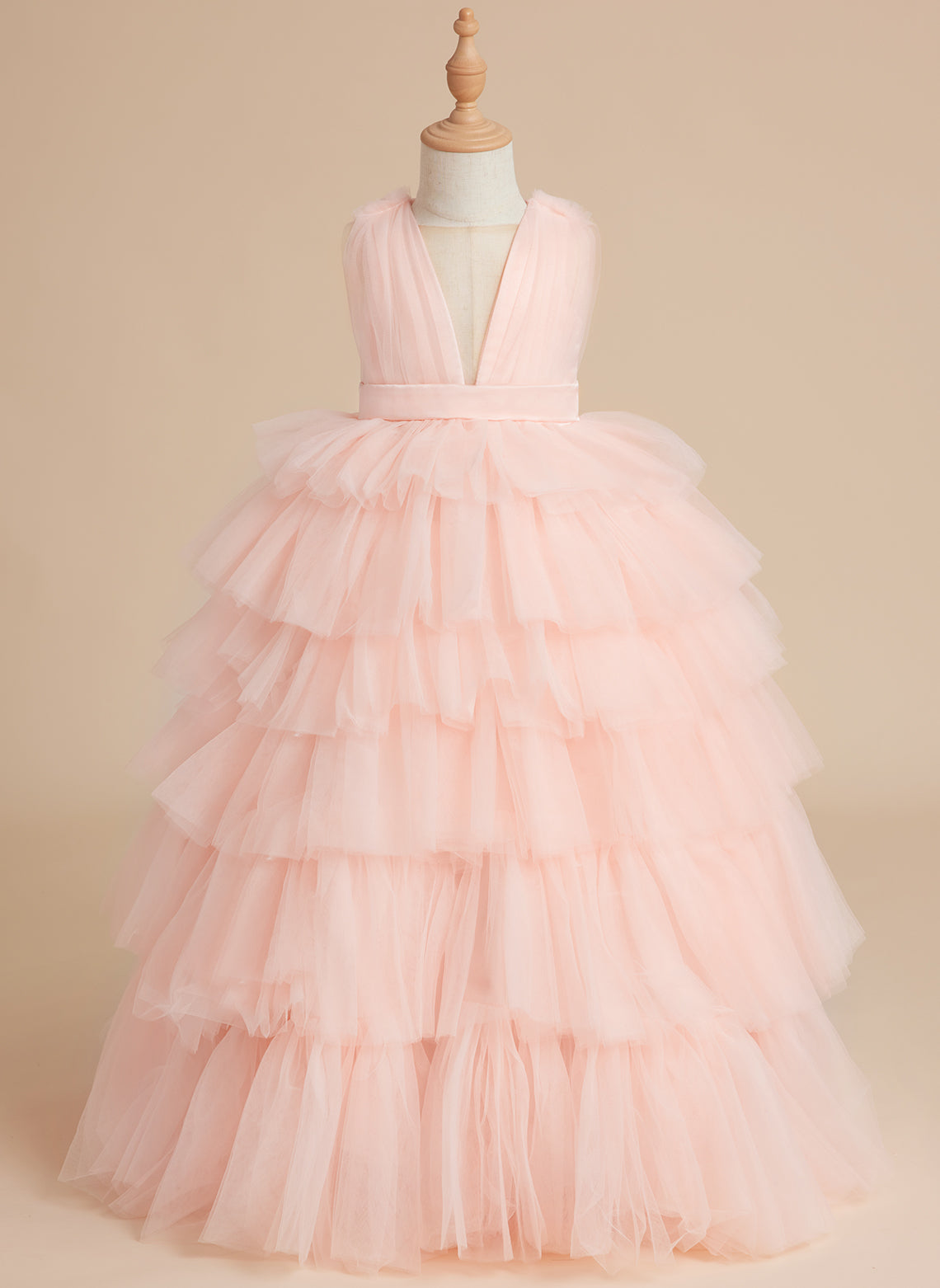 Duchesse-Linie/Princess-Linie Perlenrosa Ärmelloses Tüll-Blumenmädchenkleid mit Schleife (010220814) 