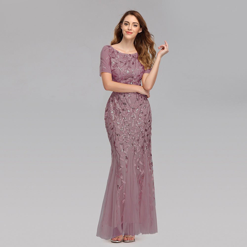 Summer Autumn Banquet Host Slim Mesh Sequ Evening Dress Fishtail Dress for Women
