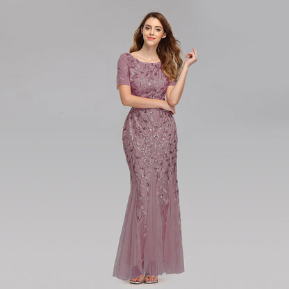 Summer Autumn Banquet Host Slim Mesh Sequ Evening Dress Fishtail Dress for Women