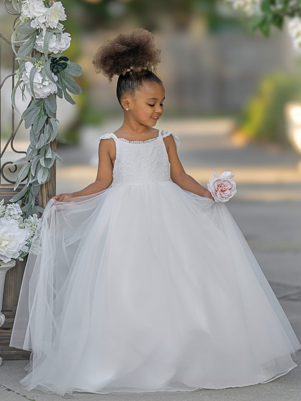 Vestido de fiesta/princesa de tul hasta el suelo color marfil para niña de las flores