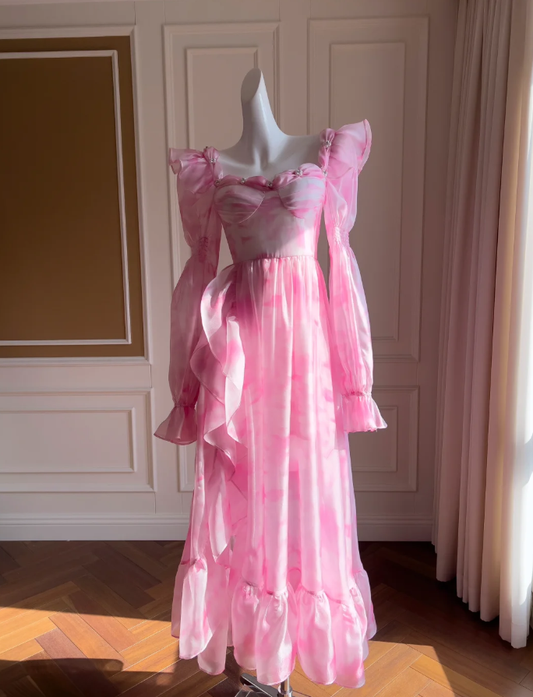 Vestido de fiesta largo de gasa rosa con estampado de flores Y8569