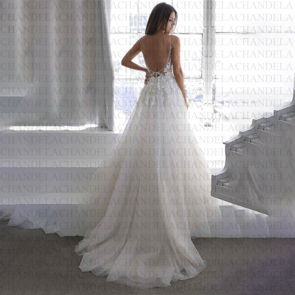 Tulle V-Line Wedding Dresses Deep V-Neck Spaghetti Strap Lace Appliques Backless Pleat Customised Vestidos De Novia-payinti
