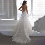 Tulle V-Line Wedding Dresses Deep V-Neck Spaghetti Strap Lace Appliques Backless Pleat Customised Vestidos De Novia-payinti