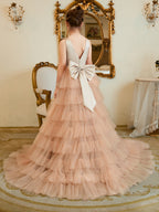 A-Linie Satin Tüll Sweep/Pinsel zug Champagner Kleid (010225319) 