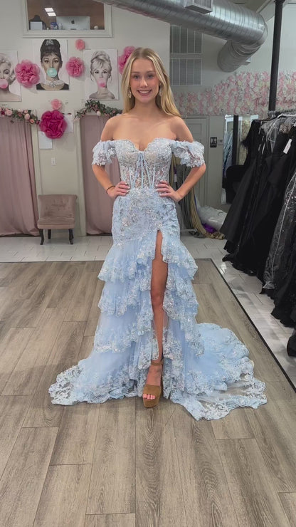 Kennedy | Vestido de fiesta largo de encaje con hombros descubiertos (espalda con cordones)