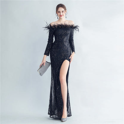 High Density Ostrich Hair Sequin Off Shoulder Fishtail Evening Dress
