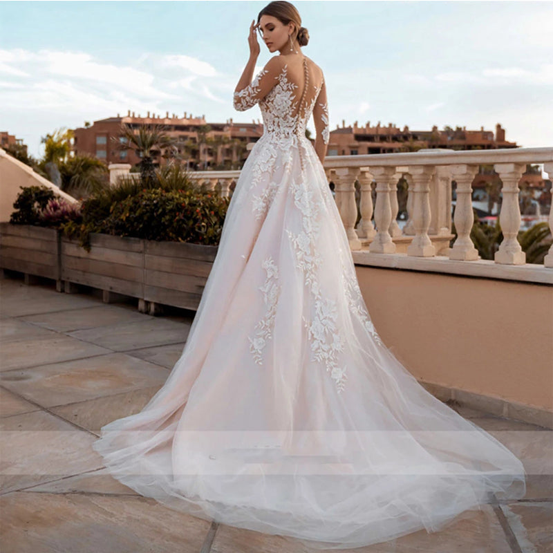 Sheer Sleeves Illusion Lace Wedding Dresses Applique Beach Bridal Gown Sexy Robe De Mariee Bride Dress For Women Bohemian 2022-payinti