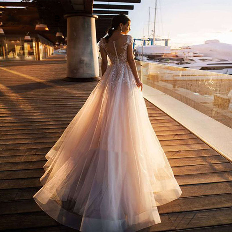 MYYBLE Boho Beach Wedding Dress O-Neck Appliques Lace Top Vintage Princess Wedding Gown Cap Sleeve Simple Bride Dress 2020-payinti
