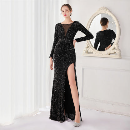 Cocktail Elegant Long Sleeve Sequined Fishtail Evening Dress