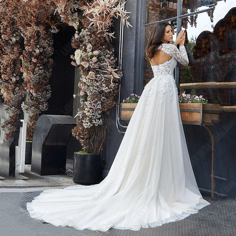 Wedding Dress A Line Removable Long Sleeve Bride Elegant Open Back Lace Bridal Gown Applique Tulle Vestido De Noiva-payinti