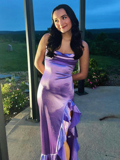 Calivia | Vestido de fiesta largo de satén con escote vuelto, tirantes sirena color lavanda