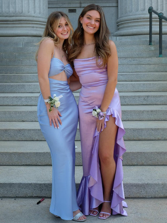 Calivia | Vestido de fiesta largo de satén con escote vuelto, tirantes sirena color lavanda