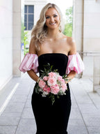 Calix | Vestido de fiesta largo de terciopelo negro estilo sirena con mangas desmontables