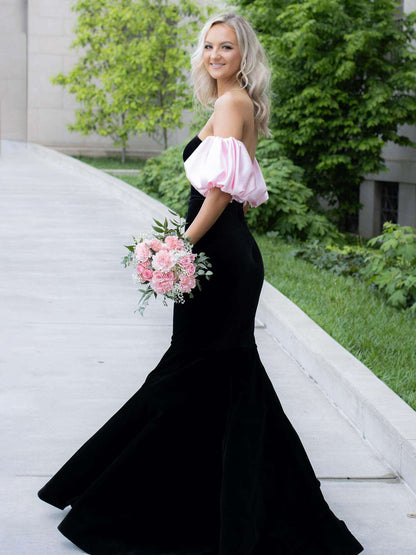 Calix | Vestido de fiesta largo de terciopelo negro estilo sirena con mangas desmontables