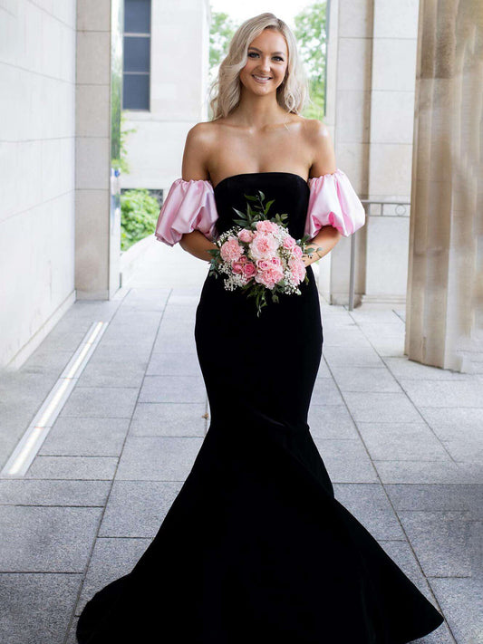 Calix | Vestido de fiesta largo de terciopelo negro estilo sirena con mangas desmontables