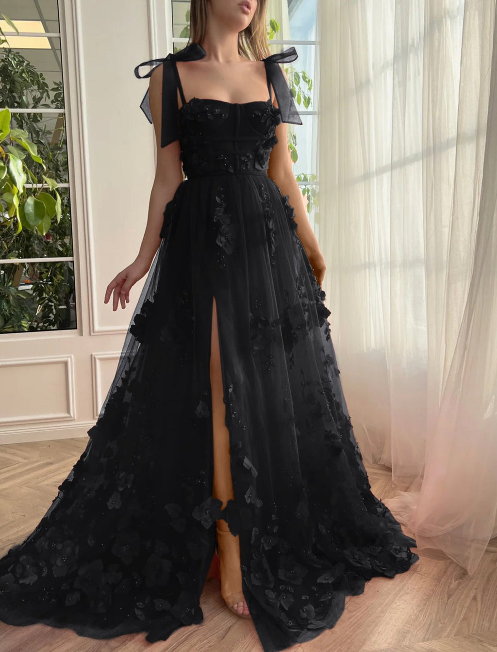 Cameron | Scharlachrotes A-Linien-Ballkleid mit 3D-Blumen und Schlitz
